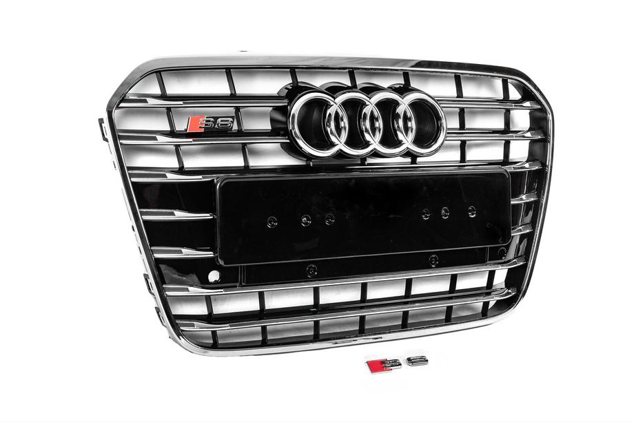Audi A6 C7 2011–2018 гг. Передняя черная решетка с хромированной рамкой S-style (2011-2014) Фото 3