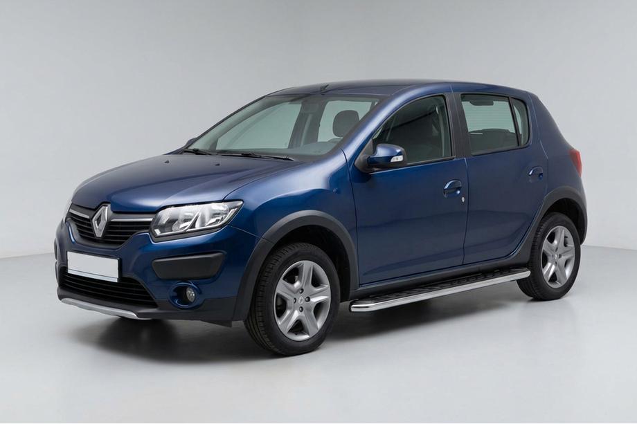 Renault Sandero 2013-2022 гг. Боковые Подножки Maydos V1 (2 шт., Алюминий и Нержавейка) Image