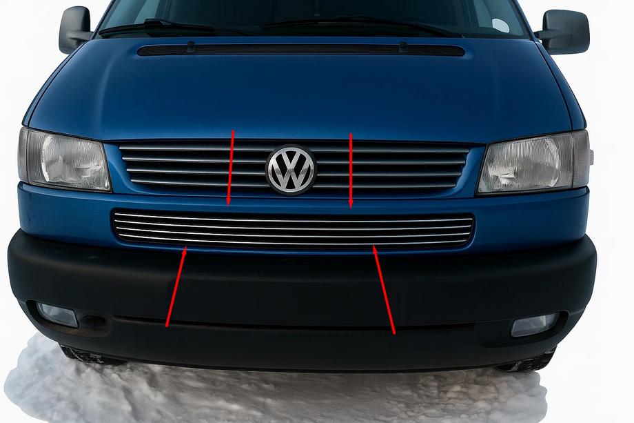 Volkswagen T4 Transporter 1990-2003 гг. Накладки на решетку бампера Косой капот (4 шт, нержавейка) Фото 1