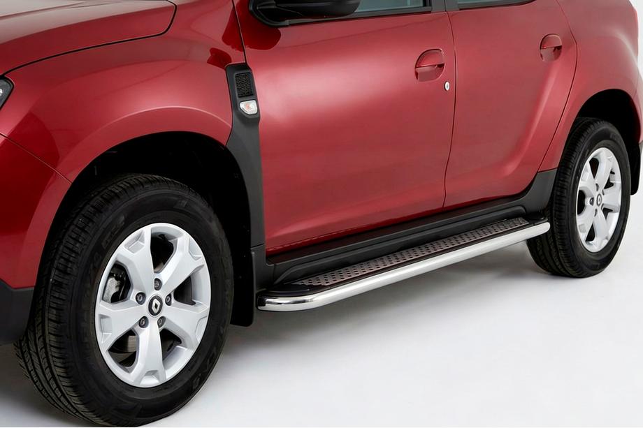 Dacia Duster 2018-2024 гг. Боковые Подножки Maydos V2 (2 шт., Алюминий и Нержавейка) Image
